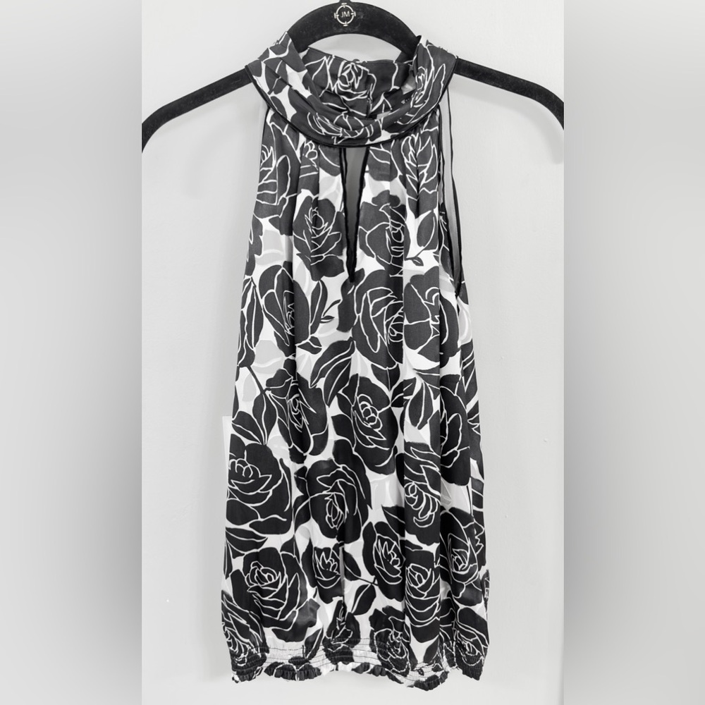 White House/Black Market Monochrome Halter Blouse with cutout in front and back